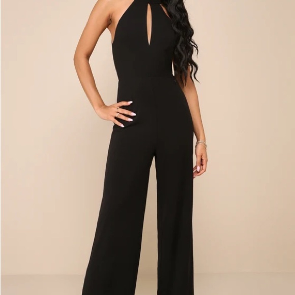 Lulu's Black Halter Jumpsuit with Wide-Leg Elegance